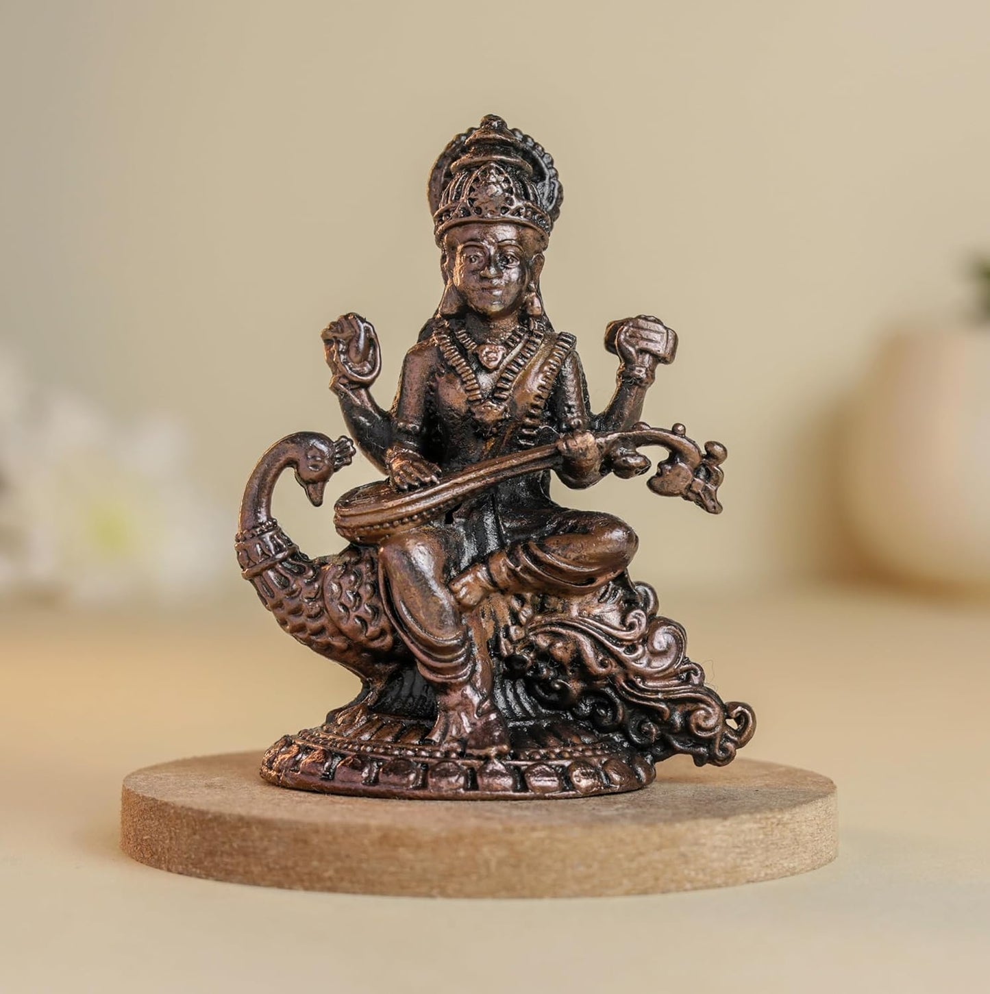 Swan Saraswati 90gm | 2-Inch Handmade Copper Idol | Patina Antique Finish | Saraswati Devi Murti for Pooja Ghar
