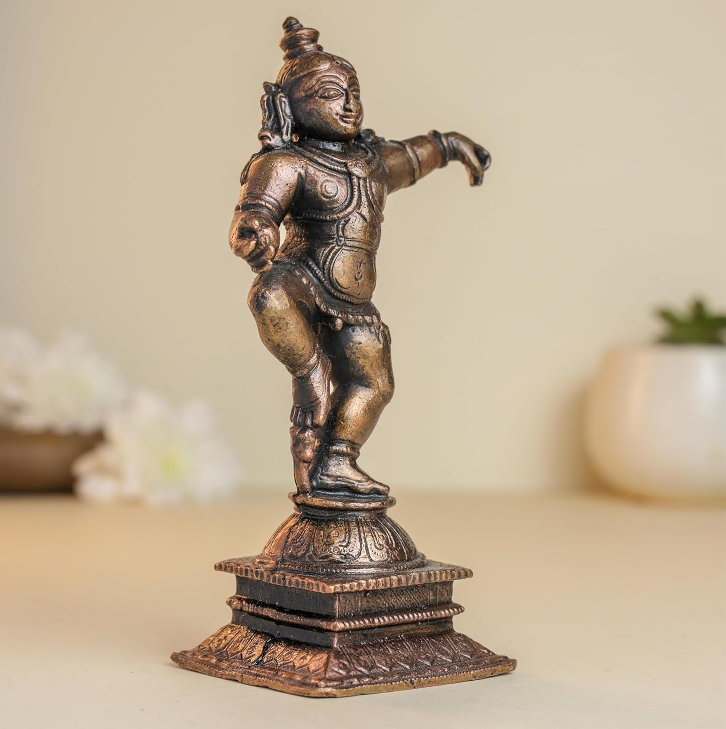 Dancing Krishna | 12 cm | 290gm Handmade Copper Idol | Antique Patina Finish | Lord Krishna Murti Statue | Pooja Mandir Home Decor Showpiece