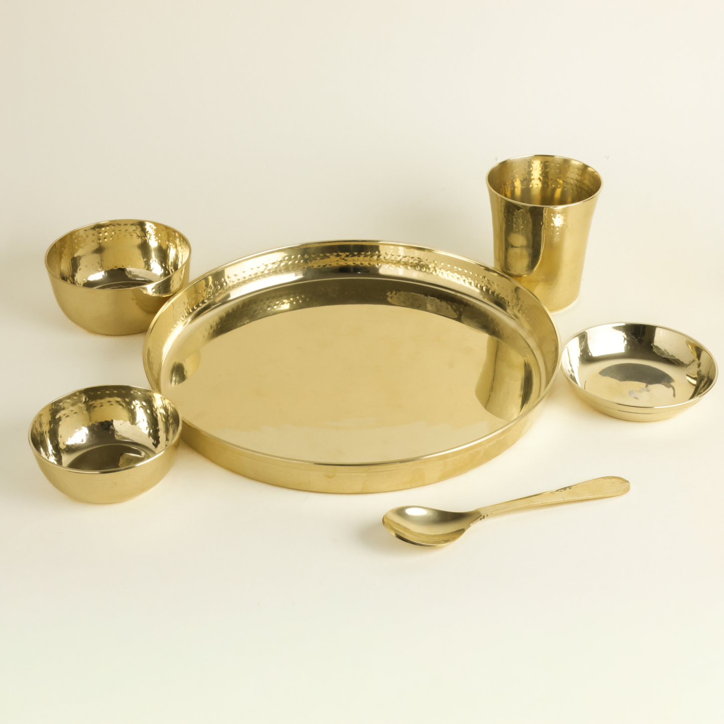 Hammered Kansa Thali Set 6Pcs - 1 Thali, 1 Glass, 2 Bowls, 1 Chutney Bowl, 1 Spoon - Approx Weight (1600gm)