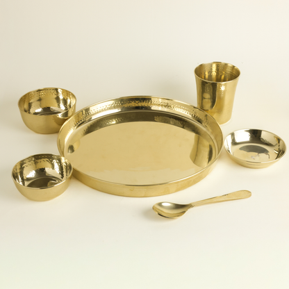 Hammered Kansa Thali Set 6Pcs - 1 Thali, 1 Glass, 2 Bowls, 1 Chutney Bowl, 1 Spoon - Approx Weight (1600gm)
