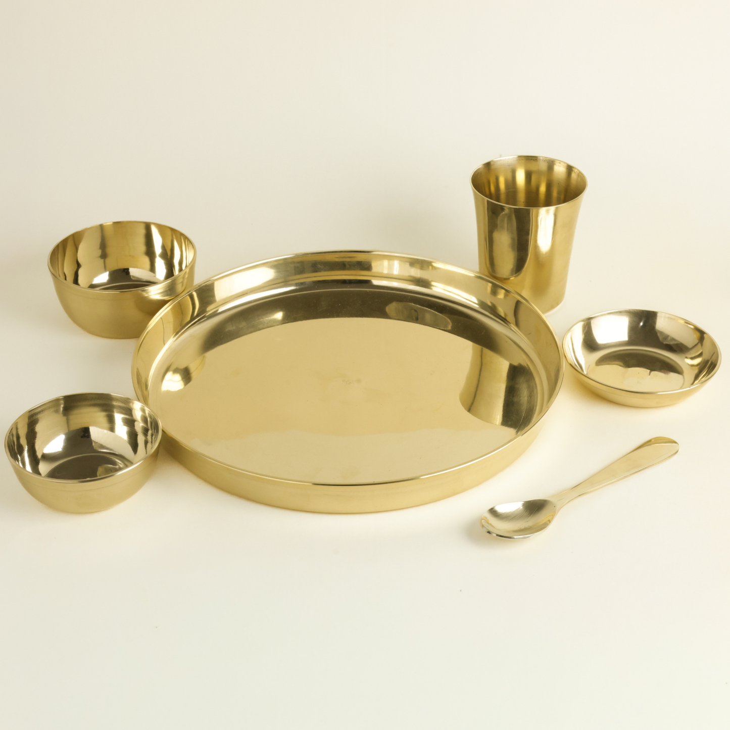 Plain Kansa Thali Set 6Pcs - 1 Thali, 1 Glass, 2 Bowls, 1 Chutney Bowl, 1 Spoon - Approx Weight (1610gm)