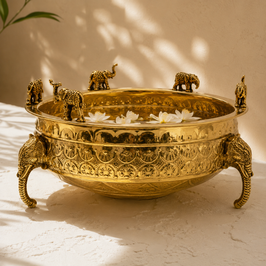 Elephant Carving Urali Bowl 10" | 1180 gm Decorative Brass Bowl & Platter