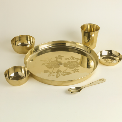 Flower Kansa Thali Set 6Pcs - 1 Thali, 1 Glass, 2 Bowls, 1 Chutney Bowl, 1 Spoon - Approx Weight (1875gms)