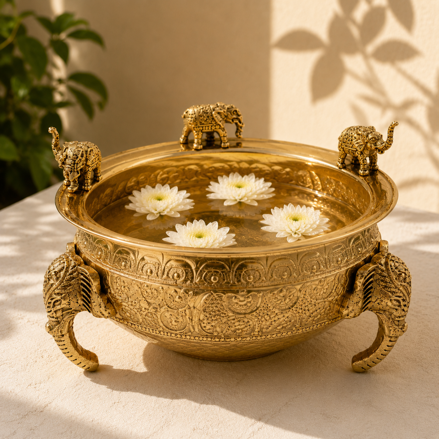 Elephant Carving Urali Bowl 6" | 570 gm Decorative Brass Bowl & Platter | Home Decor, Pooja & Gifting | Brass | Gold
