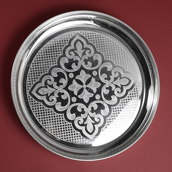 Etching Halwa Plate for Pooja & Serving | Silver Finish Decorative Sweet & Prasad Plate | Traditional Temple Home Mandir Festive Use | 22.6 cm Diameter