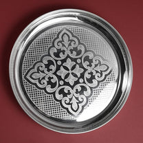 Etching Halwa Plate for Pooja & Serving | Silver Finish Decorative Sweet & Prasad Plate | Traditional Temple Home Mandir Festive Use | 22.6 cm Diameter
