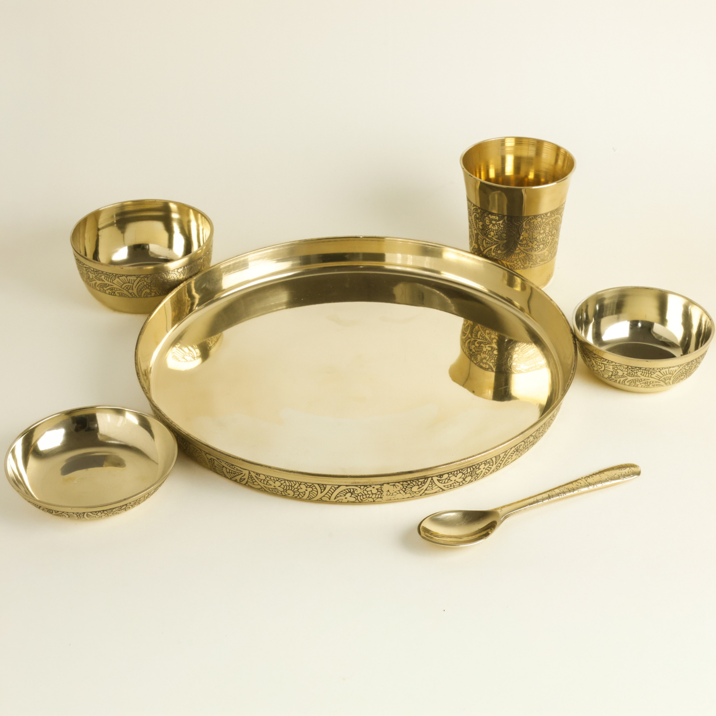 Nakashi Kansa Thali Set 6Pcs - 1 Thali, 1 Glass, 2 Bowls, 1 Chutney Bowl, 1 Spoon - Approx Weight (1680gm)