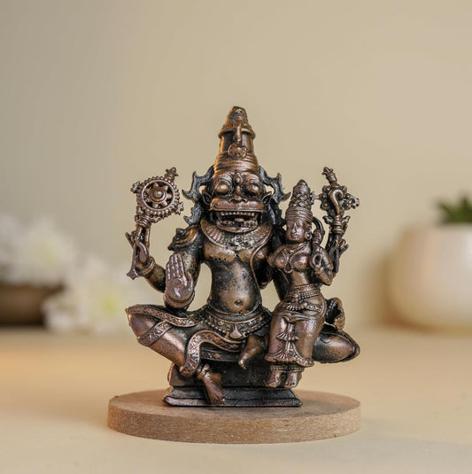 Antique Lakshmi Narashima 250gm | 2.7-Inch Handmade Copper Idol | Patina Antique Finish | Lakshmi Narasimha Murti for Pooja Ghar