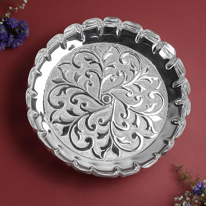 Etching Halwa Plate for Pooja & Serving | Silver Finish Decorative Sweet Prasad Plate | Traditional Temple Home Mandir Festive Use | Size 22.6 cm Diameter