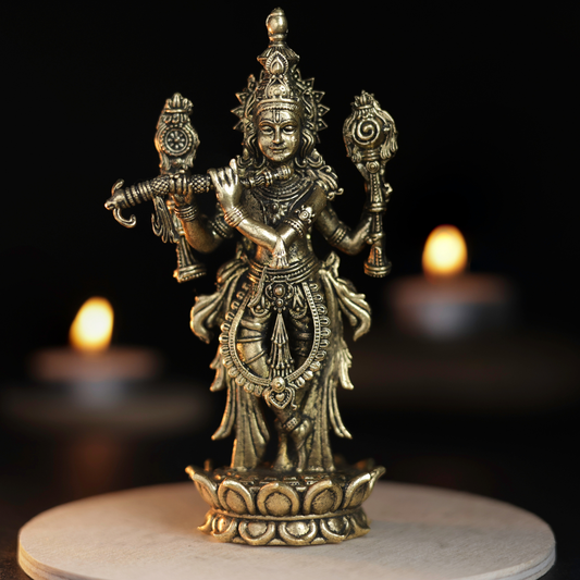 Flower Bottom Krishna Panchloha Idol | Size 10 × 3 cm | Approx 170 gm | Handcrafted Lord Krishna Statue for Home Temple and Pooja