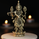 Flower Bottom Krishna Panchloha Idol | Size 10 × 3 cm | Approx 170 gm | Handcrafted Lord Krishna Statue for Home Temple and Pooja