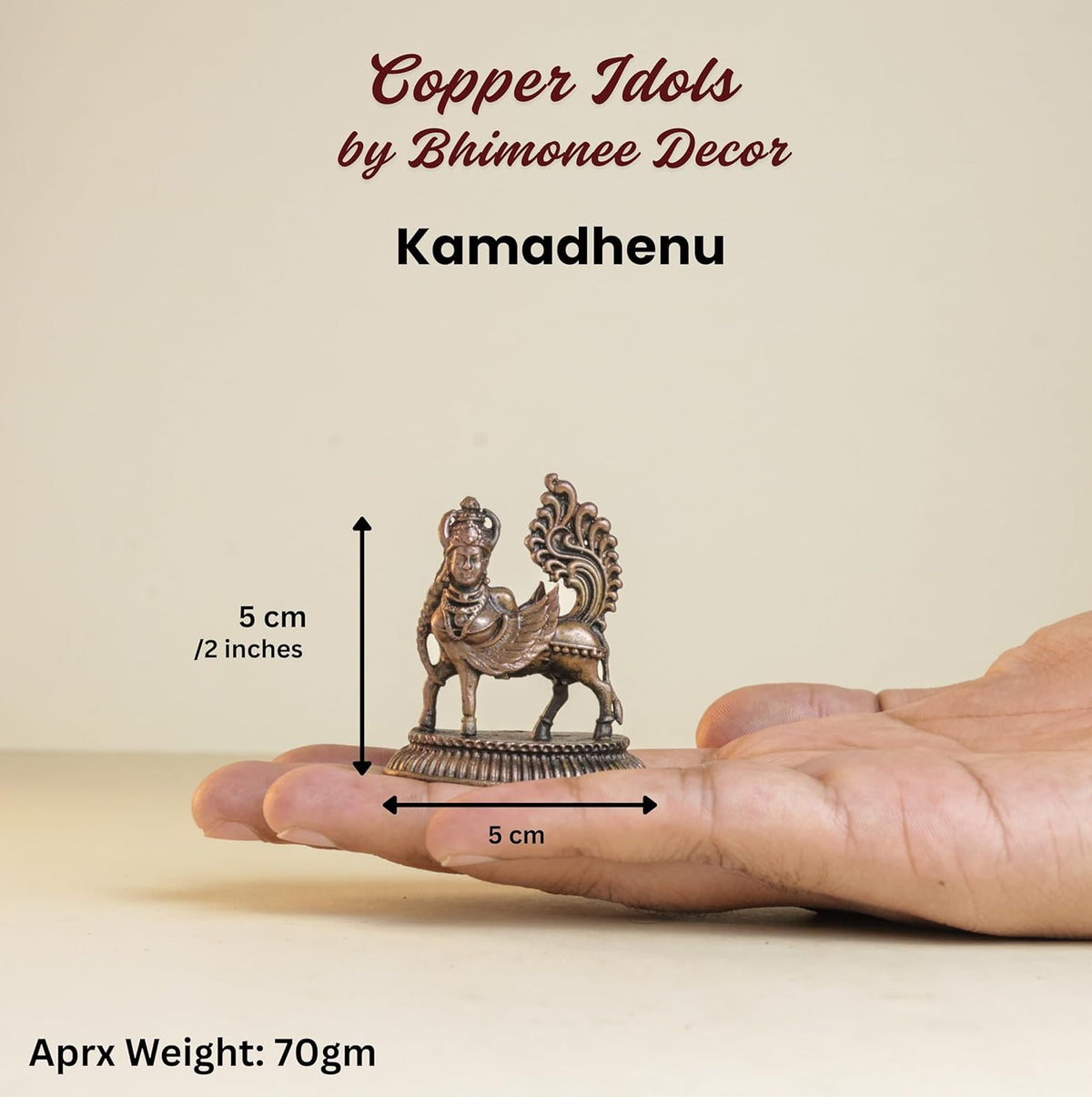 Kamadhenu 70gm | 2-Inch Handmade Copper Idol | Patina Antique Finish | Kamadhenu Cow Murti for Pooja Ghar