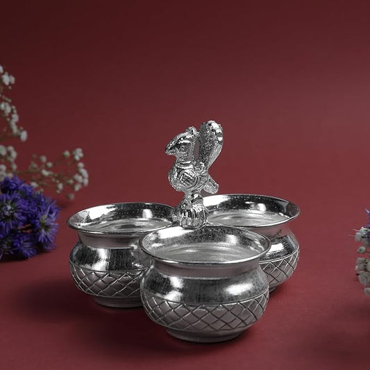 Panchwala 3 Bowl Murga Kumkum Holder Set | Silver Finish | 4 Inch