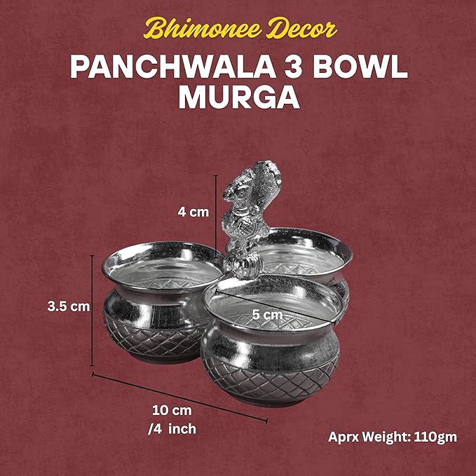 Panchwala 3 Bowl Murga Kumkum Holder Set | Silver Finish | 4 Inch