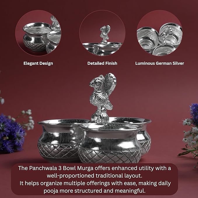Panchwala 3 Bowl Murga Kumkum Holder Set | Silver Finish | 4 Inch