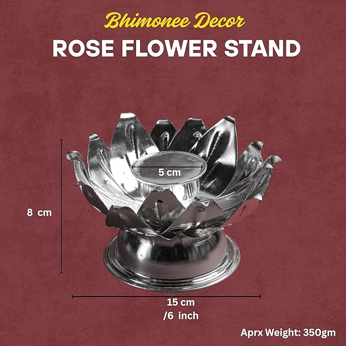 Rose Flower Kumkum Bowl Stand Metal Pooja Accessory for Home Mandir