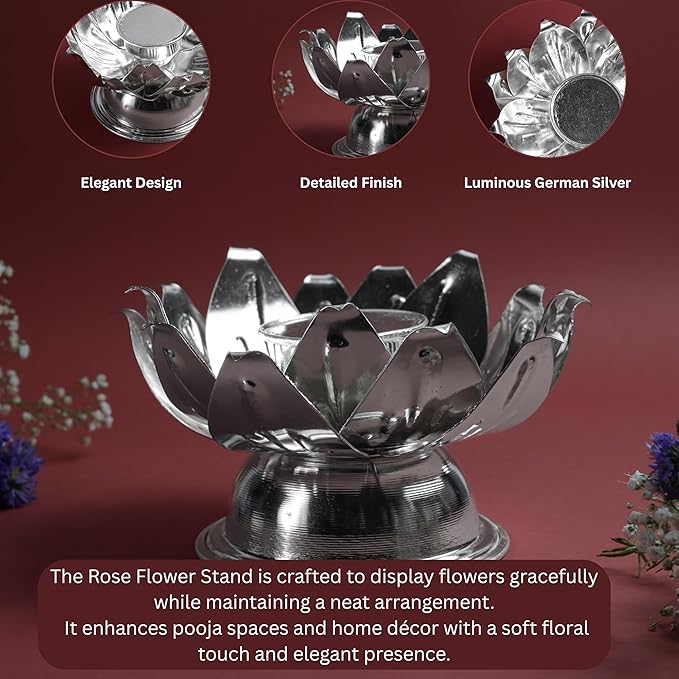 Rose Flower Kumkum Bowl Stand Metal Pooja Accessory for Home Mandir