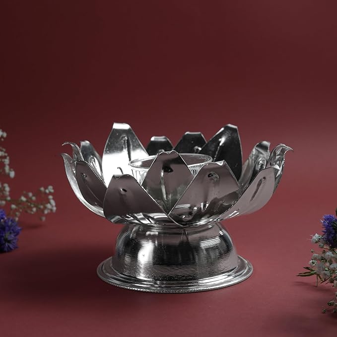 Rose Flower Kumkum Bowl Stand Metal Pooja Accessory for Home Mandir