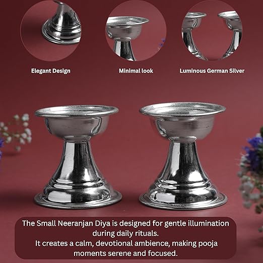 GS Neeranjan Diya Small 5 CM | Metal Pooja Oil Lamp | Home Mandir Aarti Deepak | Traditional Hindu Ritual Diya  | Silver Finish |