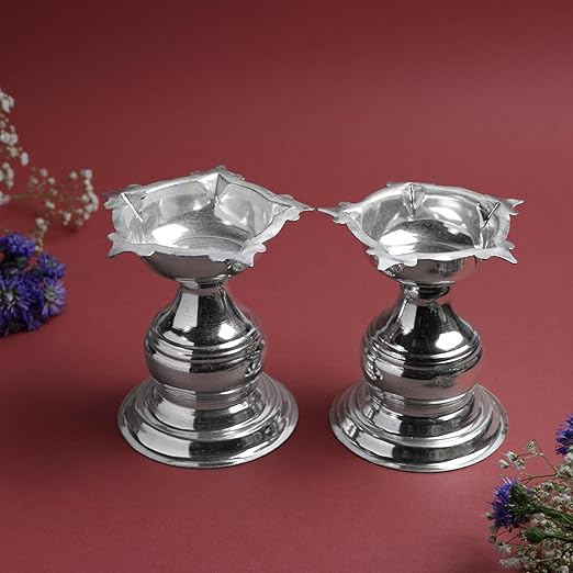 GS Plain 5 Batti Diya Set | Metal Panchmukhi Oil Lamp | Traditional Pooja Deepak  | Silver Finish