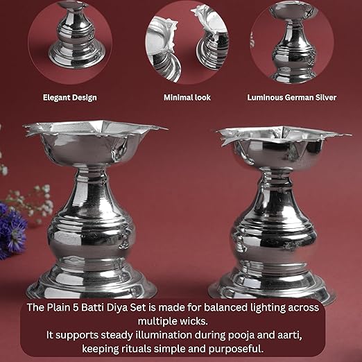 GS Plain 5 Batti Diya Set | Metal Panchmukhi Oil Lamp | Traditional Pooja Deepak  | Silver Finish