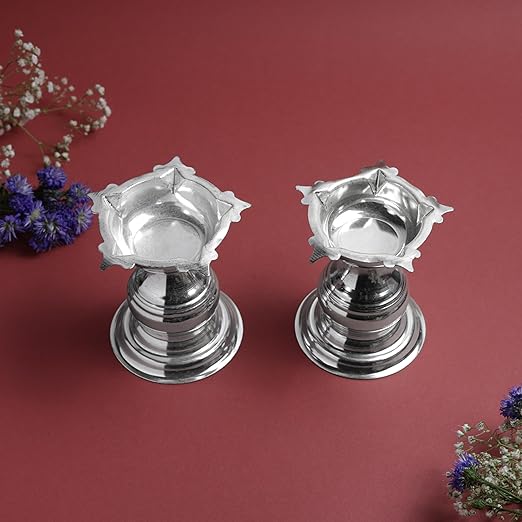 GS Plain 5 Batti Diya Set | Metal Panchmukhi Oil Lamp | Traditional Pooja Deepak  | Silver Finish