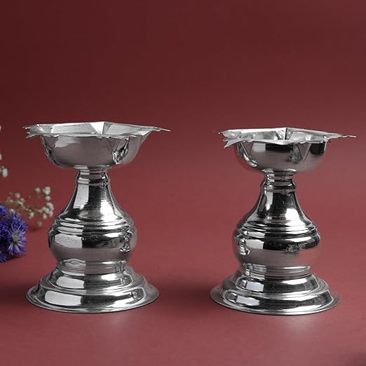 GS Plain 5 Batti Diya Set | Metal Panchmukhi Oil Lamp | Traditional Pooja Deepak  | Silver Finish
