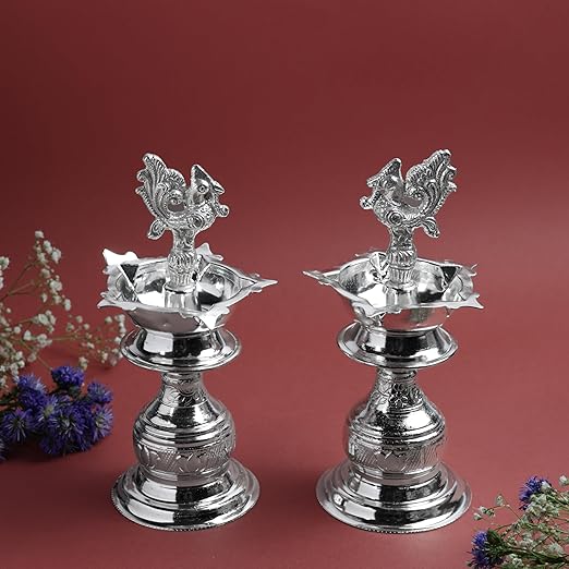 GS Design Udupi Murga Diya 6 Inch | Traditional Metal Oil Lamp with Peacock Motif |  Silver Finish