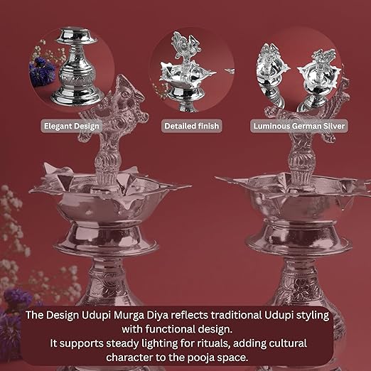 GS Design Udupi Murga Diya 6 Inch | Traditional Metal Oil Lamp with Peacock Motif |  Silver Finish
