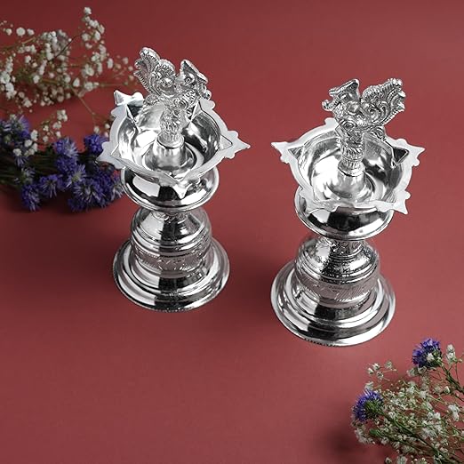 GS Design Udupi Murga Diya 6 Inch | Traditional Metal Oil Lamp with Peacock Motif |  Silver Finish