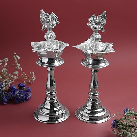 GS Kerala Fancy Murga Diya 8 Inch | Traditional Metal Peacock Oil Lamp | Silver Finish