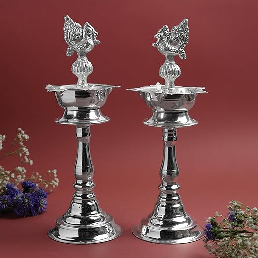 GS Kerala Fancy Murga Diya 8 Inch | Traditional Metal Peacock Oil Lamp | Silver Finish