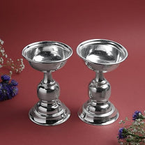 GS Plain Fancy Diya Set | Metal Decorative Oil Lamp for Pooja | Silver Finish