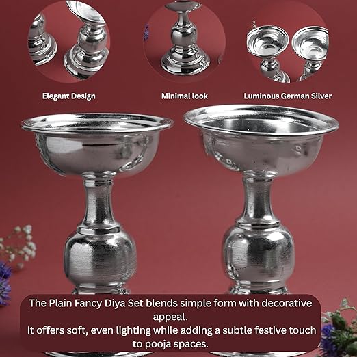 GS Plain Fancy Diya Set | Metal Decorative Oil Lamp for Pooja | Silver Finish