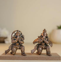 Leg Down Garuda Hanuman Set 1.5-Inch 110gm | Handmade Copper Idol Patina Antique Finish Mini Temple Murti for Pooja Ghar