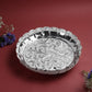 Etching Halwa Plate for Pooja & Serving | Silver Finish Decorative Sweet Prasad Plate | Traditional Temple Home Mandir Festive Use | Size 22.6 cm Diameter