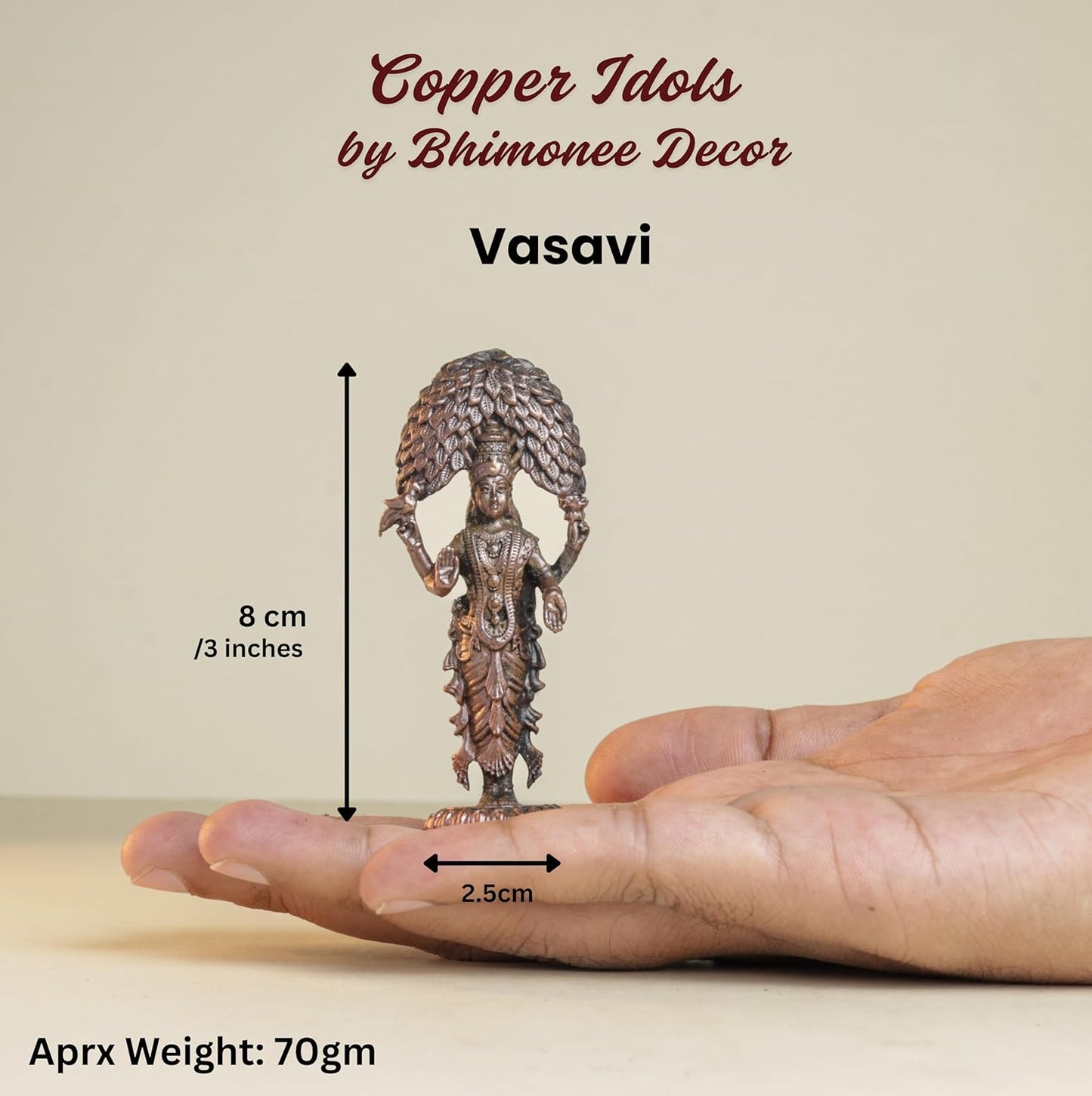 Vasavi 70gm | 3-Inch Handmade Copper Idol | Patina Antique Finish | Vasavi Devi Murti for Pooja Ghar