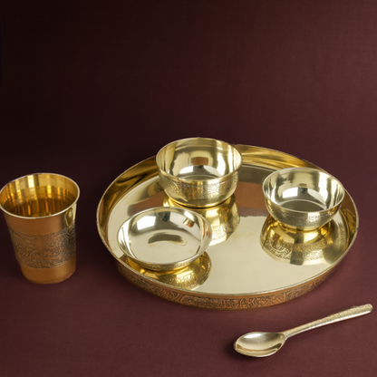 Nakashi Kansa Thali Set 6Pcs - 1 Thali, 1 Glass, 2 Bowls, 1 Chutney Bowl, 1 Spoon - Approx Weight (1680gm)