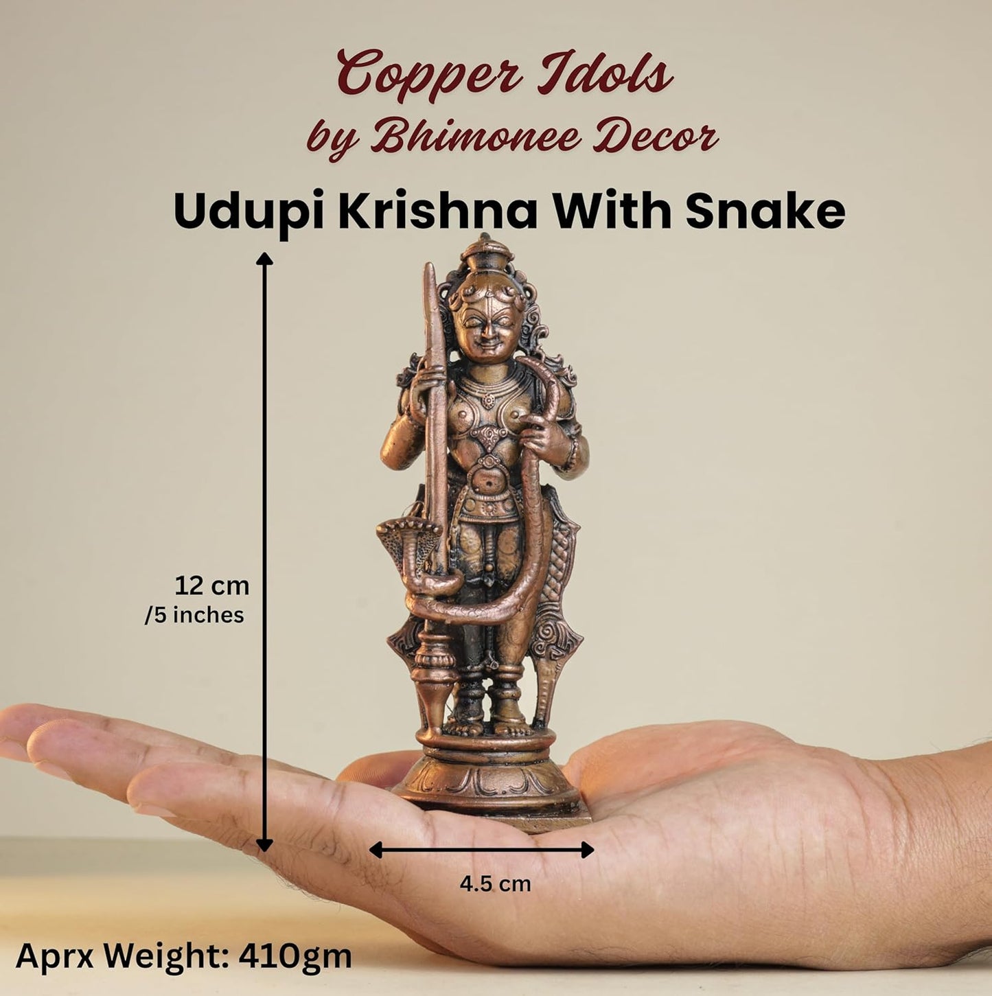 Udupi Krishna with Snake | 12 cm | 410gm Handmade Copper Idol | Antique Patina Finish | Lord Krishna Murti Statue | Pooja Mandir Home