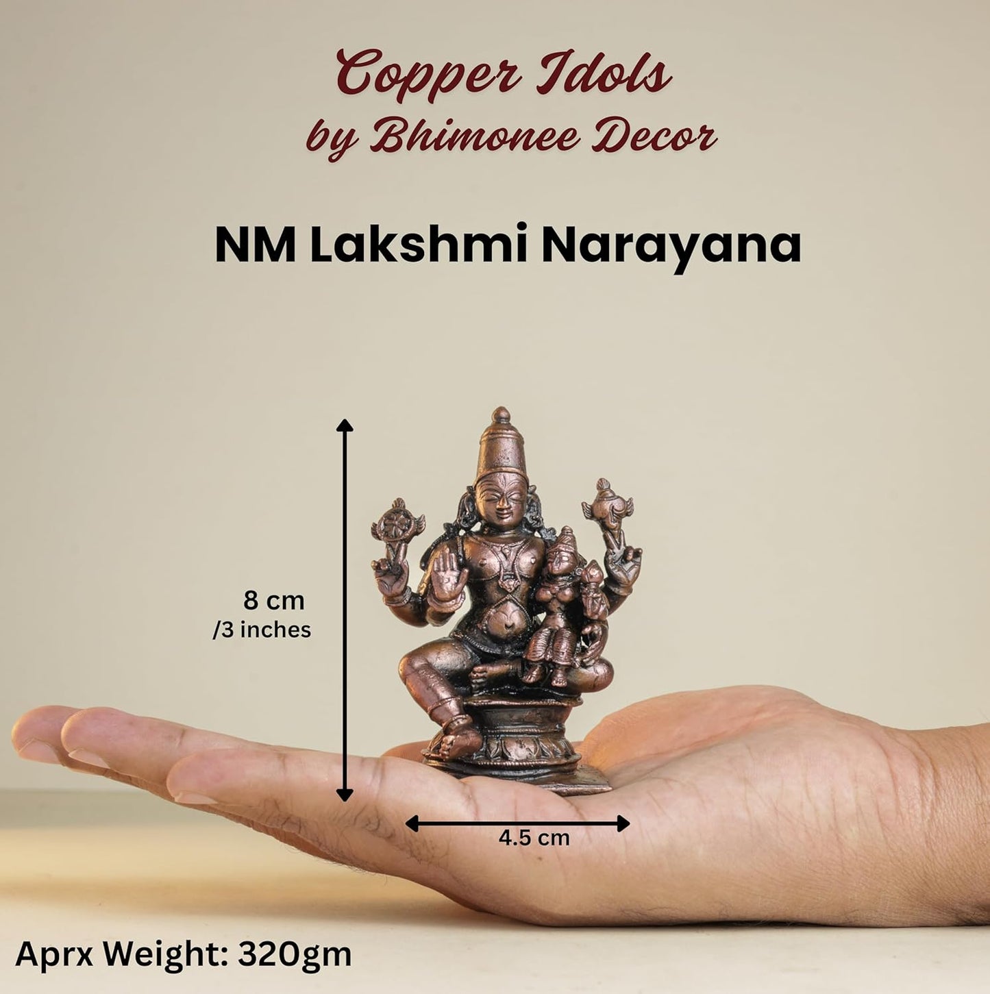 NM Lakshmi Narayana | 8 cm | 320gm Handmade Copper Idol | Antique Patina Finish | Lakshmi Vishnu Murti Statue | Pooja Mandir Home Decor
