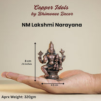 NM Lakshmi Narayana | 8 cm | 320gm Handmade Copper Idol | Antique Patina Finish | Lakshmi Vishnu Murti Statue | Pooja Mandir Home Decor