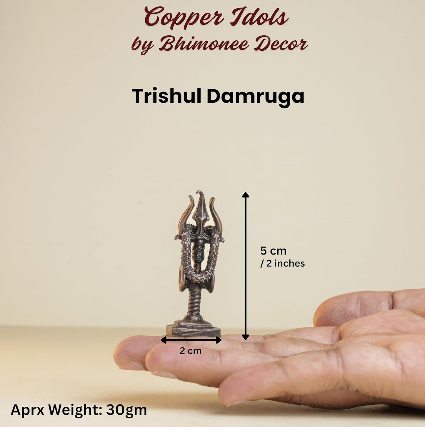 Trishul Damruga | 2-Inch - 30gm Handmade Copper Idol | Shiv Trishul with Damru for Pooja