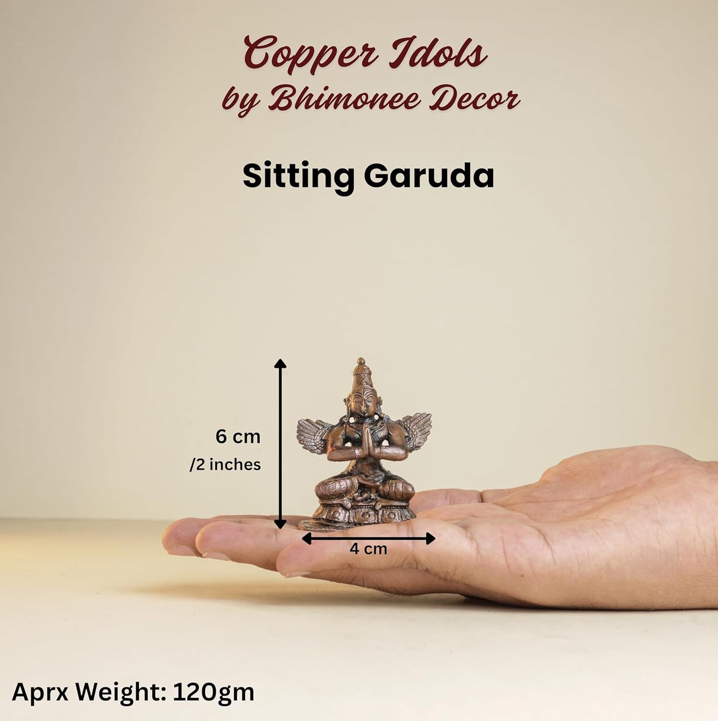Sitting Garuda 120gm | 2-Inch Handmade Copper Idol | Patina Antique Finish | Garuda Murti for Pooja Ghar