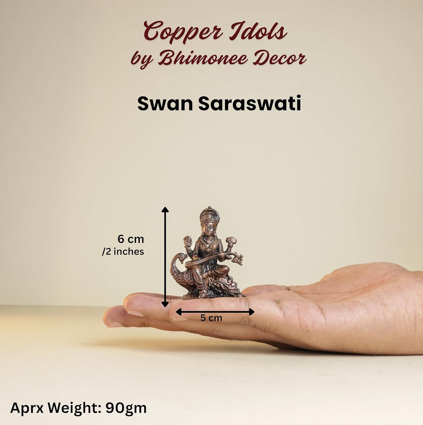 Swan Saraswati 90gm | 2-Inch Handmade Copper Idol | Patina Antique Finish | Saraswati Devi Murti for Pooja Ghar
