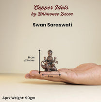 Swan Saraswati 90gm | 2-Inch Handmade Copper Idol | Patina Antique Finish | Saraswati Devi Murti for Pooja Ghar