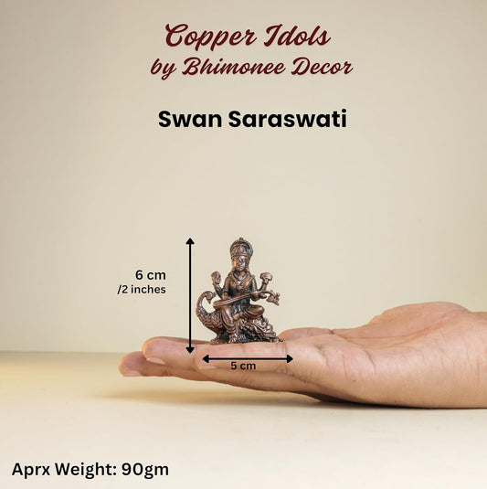 Swan Saraswati 90gm | 2-Inch Handmade Copper Idol | Patina Antique Finish | Saraswati Devi Murti for Pooja Ghar