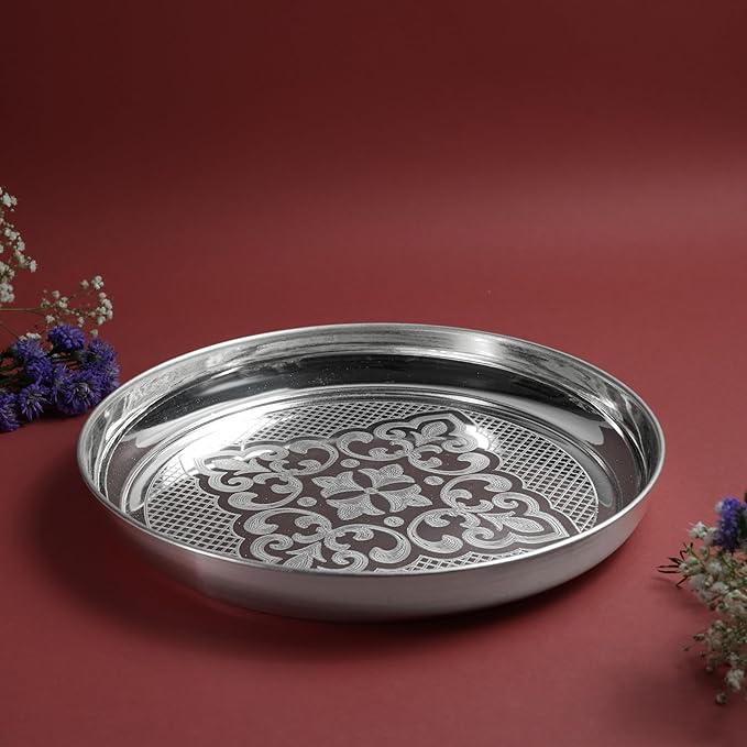 Etching Halwa Plate for Pooja & Serving | Silver Finish Decorative Sweet & Prasad Plate | Traditional Temple Home Mandir Festive Use | 22.6 cm Diameter