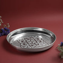 Etching Halwa Plate for Pooja & Serving | Silver Finish Decorative Sweet & Prasad Plate | Traditional Temple Home Mandir Festive Use | 22.6 cm Diameter