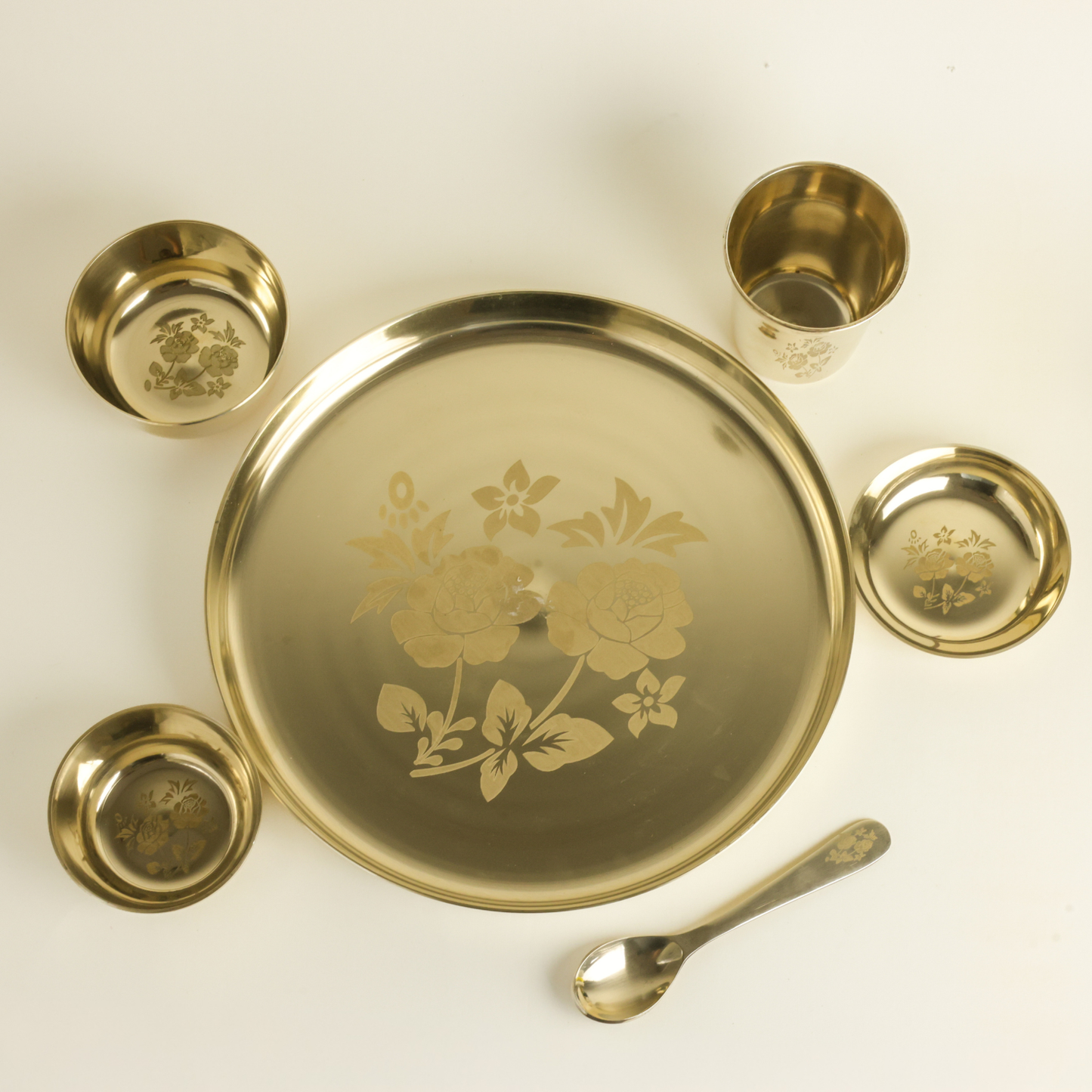 Flower Kansa Thali Set 6Pcs - 1 Thali, 1 Glass, 2 Bowls, 1 Chutney Bowl, 1 Spoon - Approx Weight (1875gms)