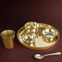 Hammered Kansa Thali Set 6Pcs - 1 Thali, 1 Glass, 2 Bowls, 1 Chutney Bowl, 1 Spoon - Approx Weight (1600gm)